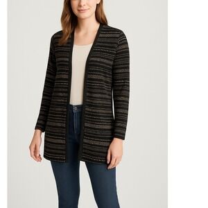 Petite S Ruby Rd Women's Cardigan Black Beige Tribal Knit Open Front Long Sleeve